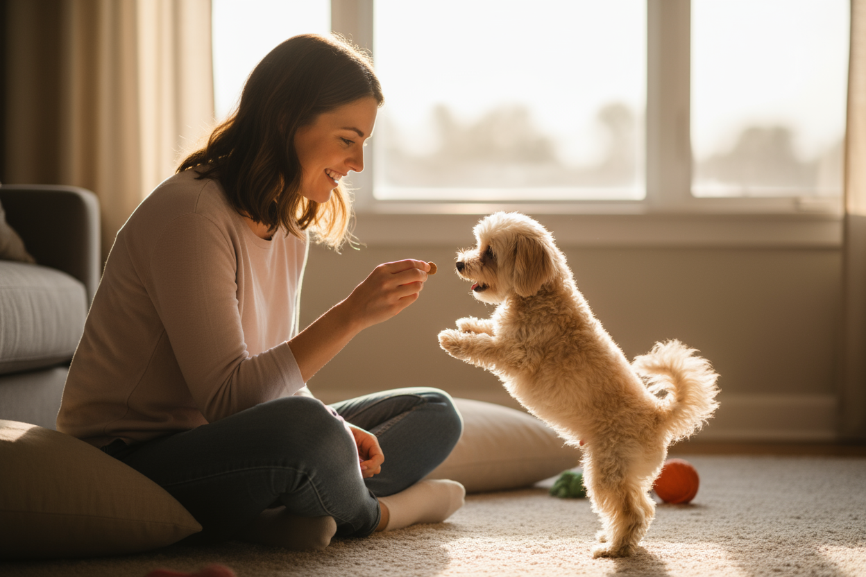 dog mom feeding small dog treats